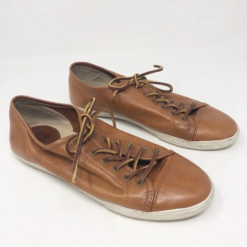 FRYE | Mindy Low Top Lace Up Sneakers Tan Leather Shoes Women’s Size 7.5